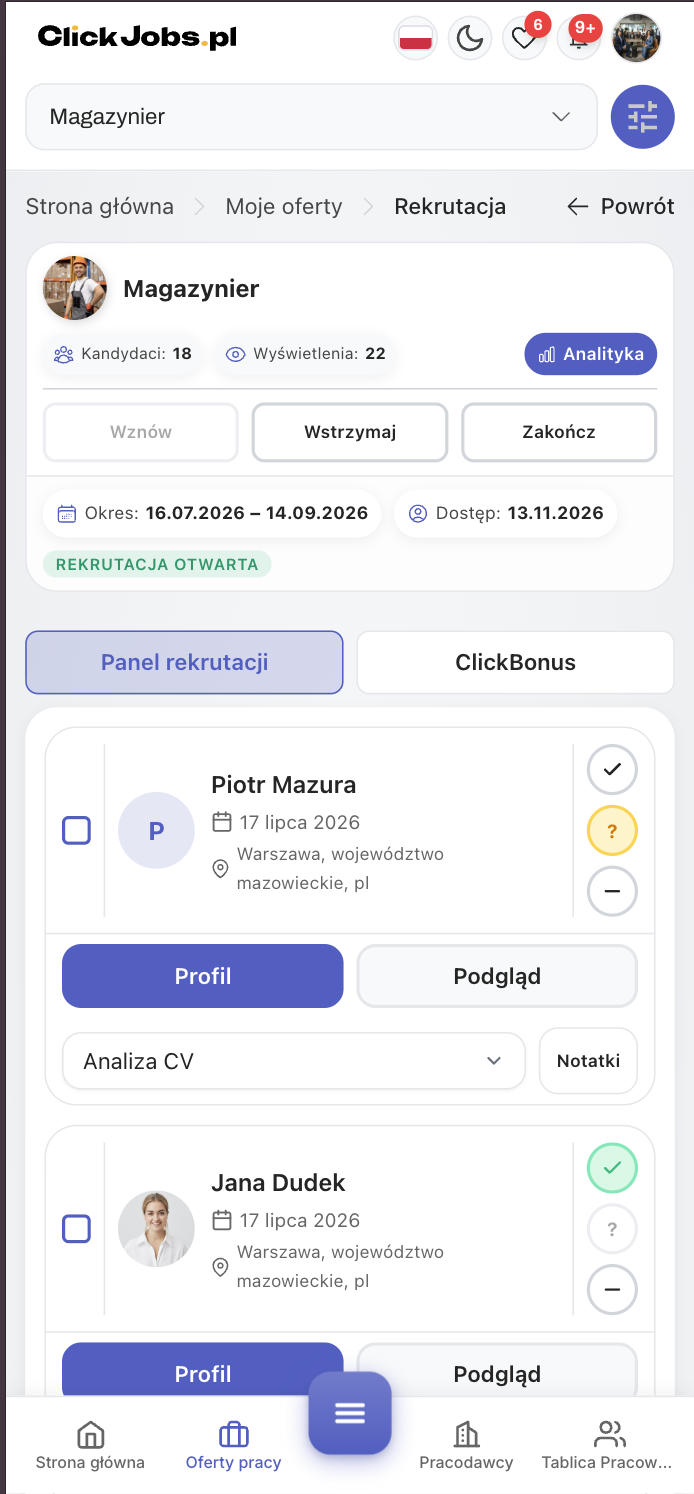 Panel rekrutacji ClickJobs na telefonie